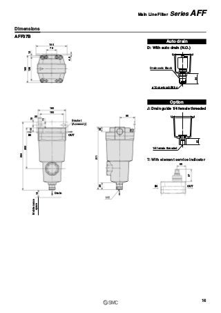 85
180
76
160
13612
4.5
160
150
20
11
1540
253
334
10
311
2032
55
37
Maintenance
space
Drain
(Accessory)
Bracket
OUTIN
OUTIN
AFF37B
Auto drain
D: With auto drain (N.O.)
T: With element service indicator
Option
J: Drain guide 1/4 female threaded
20
1/4 female threaded
34
Drain cock: Black
ø10 one-touch fitting
Dimensions
16
Main Line Filter Series AFF
 
