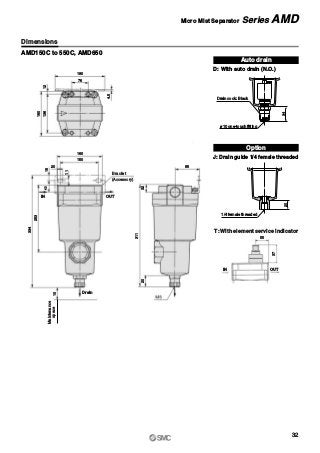 180
76
85
311
160
150
20
15
11
4.5
12136
160
40
253
334
10
3220
55
37
Maintenance
spaceAMD150C to 550C, AMD650
T: With element service indicator
Drain
IN OUT
IN OUT
(Accessory)
Bracket
Auto drain
D: With auto drain (N.O.)
Option
J: Drain guide 1/4 female threaded
20
1/4 female threaded
34
Drain cock: Black
ø10 one-touch fitting
Dimensions
32
Micro Mist Separator Series AMD
 