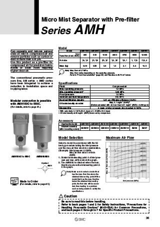 Symbol
AMH
Max.airflowrate(m3/min(ANR))
Inlet pressure (MPa)
Micro Mist Separator with Pre-filter
Series AMH
Can separate and remove aerosol
state oil mist in compressed air and
remove particles such as carbon or
dust of more than 0.01 μm.
Use this product as a pre-filter for
compressed air for precision instru-
ments or clean room requiring
higher clean air.
The conventional pneumatic pres-
sure line, AM series + AMD series
have been integrated to achieve a
reduction in installation space and
in piping labor.
Model
Port size
Mass (kg)
Model
200
AMH150C
500
AMH250C
1000
AMH350C
2000
AMH450C
3700
AMH550C
6000
AMH650
12000
0.38 0.55 0.9 1.4 2.1 4.2 10.5
AMH850
Note) Max. flow at 0.7 MPa.
Max. flow varies depending on the operating pressure.
Refer to “Flow Characteristics” (page 39) and “Maximum Air Flow” below.
1 8, 1 4 1 4, 3 8 3 8, 1 2 1 2, 3 4 13 4,
Specifications
0.05 MPa
1.5 MPa
Fluid
Max. operating pressure
Min. operating pressure∗
Proof pressure
Ambient and fluid temperature
Nominal filtration density
Element life
Compressed air
1.0 MPa
5 to 60°C
0.01 μm (Filtration efficiency: 99.9%)
Oil mist density at outlet
Max. 0.1 mg/m3
(ANR)∗
(Before saturated with oil, less than 0.01 mg/m3
(ANR) ≈0.008 ppm)
2 years or when pressure drop reached 0.1 MPa
∗ With auto drain: 0.1 MPa (N.O. type) or 0.15 MPa (N.C. type)
∗ Oil mist density at 30 mg/m3
(ANR) blown out by compressor.
Maximum Air FlowModel Selection
Select a model in accordance with the fol-
lowing procedure taking the inlet pressure
and the max. air flow rate into consideration.
(Example) Inlet pressure: 0.6 MPa
Max. air flow rate: 5 m3/min
(ANR)
1. Obtain the intersecting point A of inlet pres-
sure and max. air flow rate in the graph.
2. The AMH650 is obtained when the max.
flow line is above the intersecting point A
in the graph.
Accessory
AMH150C AMH250C AMH350C AMH450C AMH550C AMH650 AMH850
AM-BM101 AM-BM102 AM-BM103 AM-BM104 AM-BM105 BM56 BM57
Applicable model
Bracket assembly
(with 2 mounting screws)
Modular connection is possible
with AMH150C to 550C.
(For details, refer to page 61.)
AMH650/850AMH150C to 550C
Made to Order
(For details, refer to page 67.)
Rated flow (l/min (ANR))
Note)
11, 1 2 1 21 2,
Note) Make sure to select a model that
has the max. flow line above the
obtained intersecting point. With a
model that has the max. flow line
below the obtained intersecting
point, the flow rate will be excee-
ded, thus leading to a problem
such as being unable to satisfy the
specifications.
Caution
Be sure to read this before handling.
Refer to back pages 1 and 2 for Safety Instructions, “Precautions for
Handling Pneumatic Devices” (M-03-E3A) for Common Precautions,
and back pages 3 through to 7 for Specific Product Precautions.
36
 