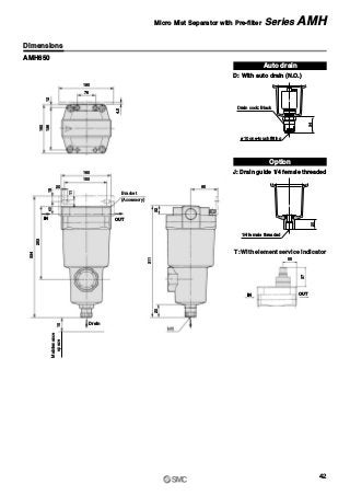 180
76
85
32
160
150
20
15
4.5
12136
160
40
253
334
10
11
311
20
55
37
Maintenance
space
Drain
(Accessory)
Bracket
AMH650
T: With element service indicator
Auto drain
D: With auto drain (N.O.)
Option
J: Drain guide 1/4 female threaded
20
1/4 female threaded
34
Drain cock: Black
ø10 one-touch fitting
Dimensions
42
Micro Mist Separator with Pre-filter Series AMH
IN OUT
IN OUT
 