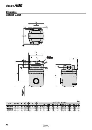 O
B
A
SR
T
P
Q
FE
Bracket
OUTIN
(Accessory)
M
øW
I
J
V
D
N
LU
K
G
C
Maintenance
space
AME150C to 350C
(mm)
AME150C
AME250C
AME350C
AModel Port size
Bracket related dimensions
83
103
132
1/8, 1/4
1/4, 3/8
3/8, 1/2
B
10
14
18
C
54
73
98
D
63
76
90
E
7.5
5
5
F
63
76
90
G
10
10
10
I
98.5
121
150
N
56
66
80
J
20
24
28
K
5
8
8
U
6
6
7
V
6
6
7
L
12
12
14
M
6
6
7
W
10
10
12
O
35
40
50
P
70
80
95
Q
26
28
34
R
54
66
80
S
4.5
5
5
T
1.6
2
2.3
Dimensions
49
Series AME
 