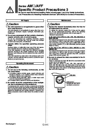 Sight glass
Drainage level
Discharge the drain before
reaching the center level.
Air Supply
Caution
1. The mist separator is not applicable to gases other
than compressed air.
The mist separator is not applicable to gases other than com-
pressed air (example: oxygen, hydrogen, flammable gas,
mixed gas).
2. Do not use compressed air that contains chemicals,
organic solvents, salt, or corrosive gases.
Do not use compressed gas containing chemicals, organic
solvents, salt or corrosive gas. This can cause rust, damage
to rubber and resin parts, or malfunction.
3. Operate within the specified operating pressure
range.
Damage, failure, or malfunction may occur if the mist separa-
tor is operated above the maximum operating pressure.
If the mist separator is used below the minimum operating
pressure, increase in the air-flow resistance due to clogging
will have such influence that the desired flow rate cannot be
obtained.
If the mist separator is used under a low pressure such as for
a blower, conduct sufficient tests by users to confirm the spec-
ifications and performances.
Operating Environment
Caution
1. Do not use in the following environments, as this
can cause failure.
1) In locations having corrosive gases, organic solvents, and
chemical solutions, or in locations where these elements
are likely to adhere to the equipment.
2) In locations where salt water, water, or water vapor could
come in contact with the equipment.
3) In locations that is exposed to shocks and vibrations.
2. Be careful about the contamination of the workpie-
ces due to entrainment of the ambient air.
If compressed air is used for air blow, compressed air blowing
out from the blow nozzle may entrain foreign matter (solid par-
ticles and liquid particles) floating in the ambient air, blowing it
against the workpieces and causing adhesion. Therefore, suf-
ficient precautions must be taken about the ambient environ-
ment.
Maintenance
Caution
1. Replace the element immediately when the time for
its replacement has arrived.
To replace the element, replace the O-ring and the gasket,
too. For the replacement procedure, refer to the operating
manual. (For element dimensions, refer to back page 6.)
<Element replacement>
In the case of the AFF2C to 22C, 37B, 75B, AM„150C to
550C, 650, 850
The replacement interval for the element is when the pressure
drop reaches 0.1 MPa or after two years of operation, which-
ever comes first. A pressure drop can be verified with the ele-
ment service indicator (-T) or with differential pressure gauge
(Made to Order).
In the case of the AFF75A to 220A, AMD800 to 1000,
AMD801, 901
The replacement interval for the element is when the pressure
drop reaches 0.1 MPa or after one year of operation, which-
ever comes first. Confirm the pressure drop with a pressure
gauge. (With pressure gauge: -G)
2. Be sure to exhaust the drain accumulated in the fil-
ter container.
Failure to discharge the drain will allow the accumulated drain
to flow over to the outlet side.
When using the AFF2C to 22C, 37B, 75B, AM„150C to
550C, 650, 850 with drain cock, drain guide or ball valve, dis-
charge the drain before the drainage level reaches the center
of the sight glass. If the drain is not discharged properly, it will
flow over to the outlet side.
Series AM„/AFF
Specific Product Precautions 3
Be sure to read this before handling. Refer to back pages 1 and 2 for Safety Instructions,
and “Precautions for Handling Pneumatic Devices” (M-03-E3A) for Common Precautions.
Back page 5
 
