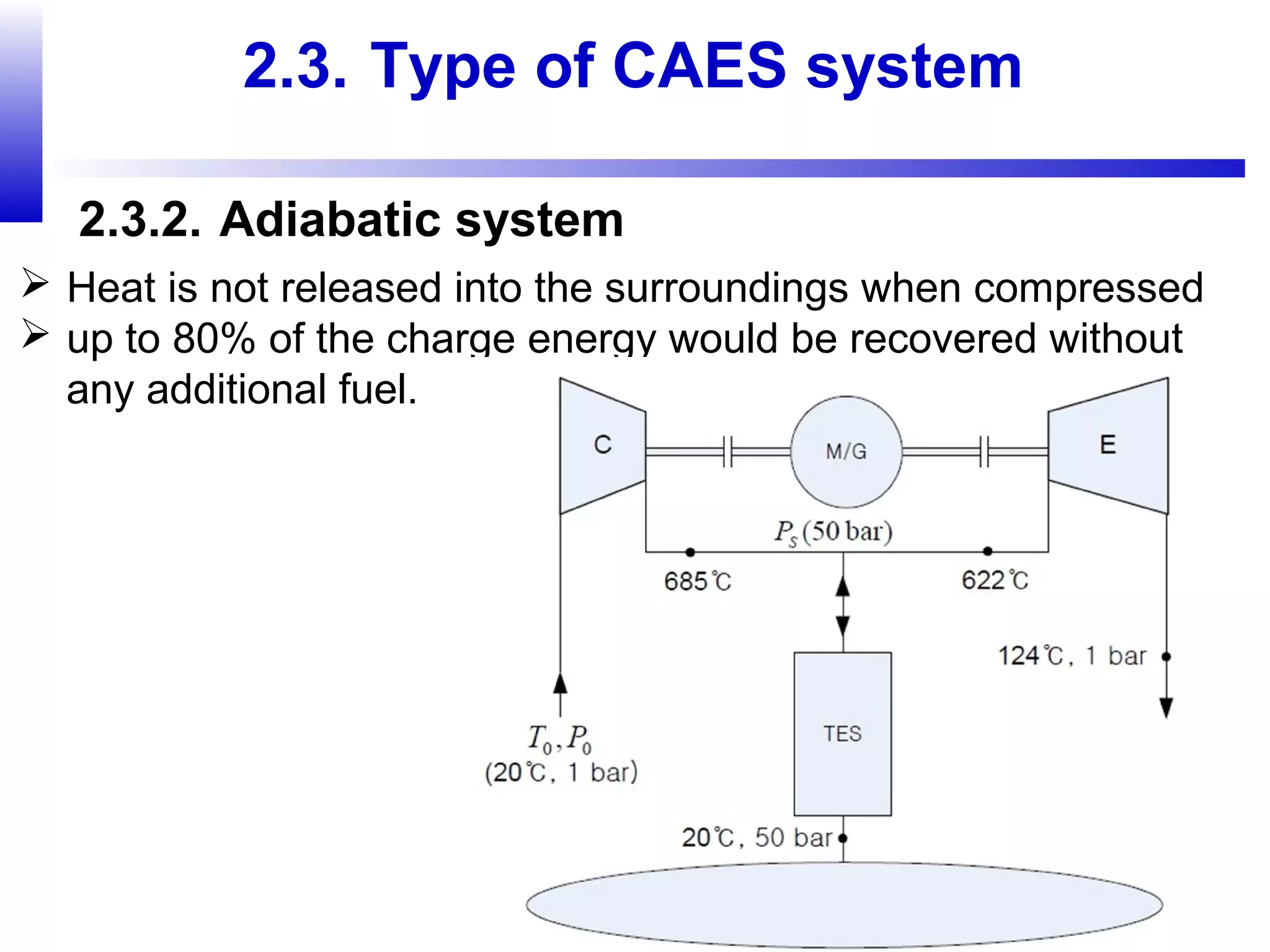17
2.3. Type of CAES system
2.3.2. Adiabatic system
 Heat is not released into the surroundings when compressed
 up to 80% of the charge energy would be recovered without
any additional fuel.
 