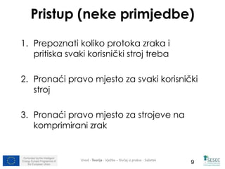 Pristup (neke primjedbe) 
1. Prepoznati koliko protoka zraka i 
pritiska svaki korisnički stroj treba 
2. Pronaći pravo mjesto za svaki korisnički 
stroj 
3. Pronaći pravo mjesto za strojeve na 
komprimirani zrak 
Co-funded by the Intelligent 
Energy Europe Programme of 
Uvod - Teorija - Vježbe – Slučaj iz prakse - Sažetak 
the European Union 9 
 