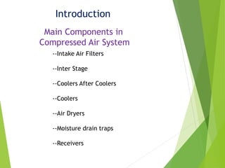 Introduction
Main Components in
Compressed Air System
--Intake Air Filters
--Inter Stage
--Coolers After Coolers
--Coolers
--Air Dryers
--Moisture drain traps
--Receivers
 