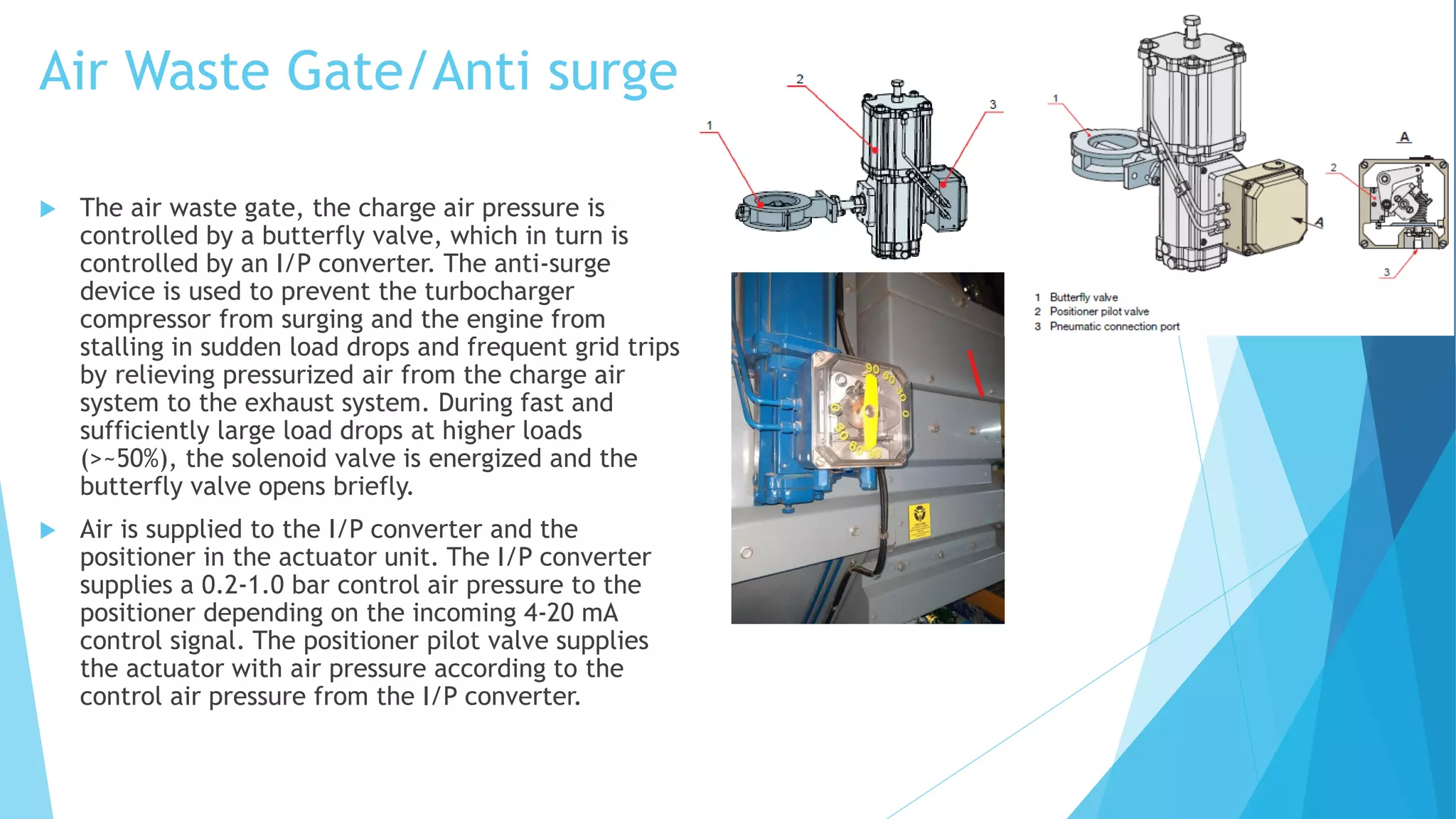 Air Waste Gate/Anti surge
 The air waste gate, the charge air pressure is
controlled by a butterfly valve, which in turn is
controlled by an I/P converter. The anti-surge
device is used to prevent the turbocharger
compressor from surging and the engine from
stalling in sudden load drops and frequent grid trips
by relieving pressurized air from the charge air
system to the exhaust system. During fast and
sufficiently large load drops at higher loads
(>~50%), the solenoid valve is energized and the
butterfly valve opens briefly.
 Air is supplied to the I/P converter and the
positioner in the actuator unit. The I/P converter
supplies a 0.2-1.0 bar control air pressure to the
positioner depending on the incoming 4-20 mA
control signal. The positioner pilot valve supplies
the actuator with air pressure according to the
control air pressure from the I/P converter.
 