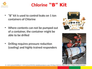 Chlorine “B” Kit
PPT-043-01 87
• “B” kit is used to control leaks on 1 ton
containers of Chlorine
• Where contents can not be pumped out
of a container, the container might be
able to be drilled
• Drilling requires pressure reduction
(cooling) and highly trained responders
 