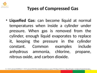 • Liquefied Gas: can become liquid at normal
temperatures when inside a cylinder under
pressure. When gas is removed from the
cylinder, enough liquid evaporates to replace
it, keeping the pressure in the cylinder
constant. Common examples include
anhydrous ammonia, chlorine, propane,
nitrous oxide, and carbon dioxide.
12
Types of Compressed Gas
 