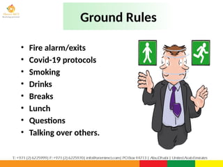 Ground Rules
• Fire alarm/exits
• Covid-19 protocols
• Smoking
• Drinks
• Breaks
• Lunch
• Questions
• Talking over others.
 