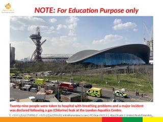 Twenty-nine people were taken to hospital with breathing problems and a major incident
was declared following a gas (Chlorine) leak at the London Aquatics Centre.
29
NOTE: For Education Purpose only
 