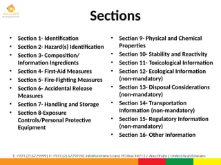 Sections
• Section 1- Identification
• Section 2- Hazard(s) Identification
• Section 3- Composition/
Information Ingredients
• Section 4- First-Aid Measures
• Section 5- Fire-Fighting Measures
• Section 6- Accidental Release
Measures
• Section 7- Handling and Storage
• Section 8-Exposure
Controls/Personal Protective
Equipment
• Section 9- Physical and Chemical
Properties
• Section 10- Stability and Reactivity
• Section 11- Toxicological Information
• Section 12- Ecological Information
(non-mandatory)
• Section 13- Disposal Considerations
(non-mandatory)
• Section 14- Transportation
Information (non-mandatory)
• Section 15- Regulatory Information
(non-mandatory)
• Section 16- Other Information
 