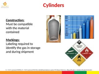 Cylinders
PPT-043-01 33
Construction:
Must be compatible
with the material
contained
Markings:
Labeling required to
identify the gas in storage
and during shipment
 