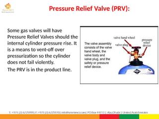 Pressure Relief Valve (PRV):
PPT-043-01 41
Some gas valves will have
Pressure Relief Valves should the
internal cylinder pressure rise. It
is a means to vent-off over
pressurization so the cylinder
does not fail violently.
The PRV is in the product line.
 