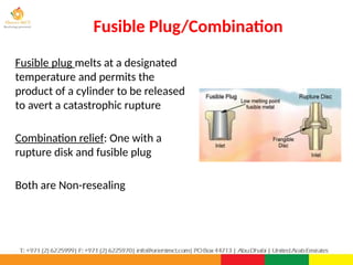 Fusible Plug/Combination
PPT-043-01 42
Fusible plug melts at a designated
temperature and permits the
product of a cylinder to be released
to avert a catastrophic rupture
Combination relief: One with a
rupture disk and fusible plug
Both are Non-resealing
 