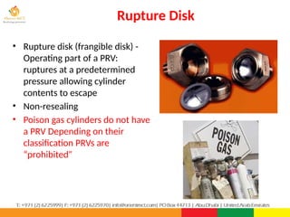 Rupture Disk
PPT-043-1 43
• Rupture disk (frangible disk) -
Operating part of a PRV:
ruptures at a predetermined
pressure allowing cylinder
contents to escape
• Non-resealing
• Poison gas cylinders do not have
a PRV Depending on their
classification PRVs are
“prohibited”
 