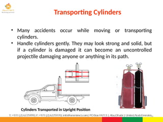 79
• Many accidents occur while moving or transporting
cylinders.
• Handle cylinders gently. They may look strong and solid, but
if a cylinder is damaged it can become an uncontrolled
projectile damaging anyone or anything in its path.
Transporting Cylinders
Cylinders Transported in Upright Position
 