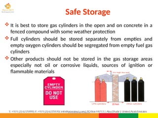 ©Consultnet Limited
Safe Storage
 It is best to store gas cylinders in the open and on concrete in a
fenced compound with some weather protection
 Full cylinders should be stored separately from empties and
empty oxygen cylinders should be segregated from empty fuel gas
cylinders
 Other products should not be stored in the gas storage areas
especially not oil or corrosive liquids, sources of ignition or
flammable materials
20 feet
 