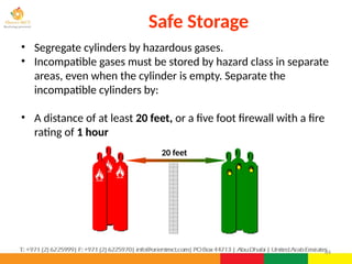 84
• Segregate cylinders by hazardous gases.
• Incompatible gases must be stored by hazard class in separate
areas, even when the cylinder is empty. Separate the
incompatible cylinders by:
• A distance of at least 20 feet, or a five foot firewall with a fire
rating of 1 hour
Safe Storage
20 feet
 