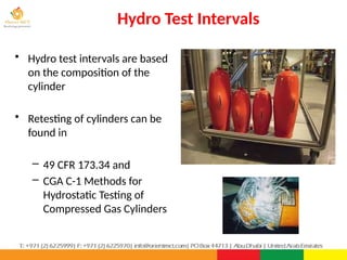 Hydro Test Intervals
75
• Hydro test intervals are based
on the composition of the
cylinder
• Retesting of cylinders can be
found in
– 49 CFR 173.34 and
– CGA C-1 Methods for
Hydrostatic Testing of
Compressed Gas Cylinders
 