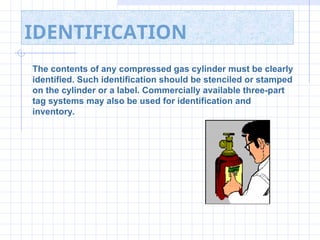 IDENTIFICATION
The contents of any compressed gas cylinder must be clearly
identified. Such identification should be stenciled or stamped
on the cylinder or a label. Commercially available three-part
tag systems may also be used for identification and
inventory.
 