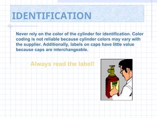 IDENTIFICATION
Never rely on the color of the cylinder for identification. Color
coding is not reliable because cylinder colors may vary with
the supplier. Additionally, labels on caps have little value
because caps are interchangeable.
Always read the label!
 