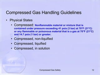 Compressed Gas Handling GuidelinesPhysical StatesCompressed: Nonflammable material or mixture that is contained under pressure exceeding 41 psia (3 bar) at 70°F (21°C) or any flammable or poisonous material that is a gas at 70°F (21°C) and 14.7 psia (1 bar) or greater. Compressed, non-liquifiedCompressed, liquifiedCompressed, in solution12Compressed Gas Safety