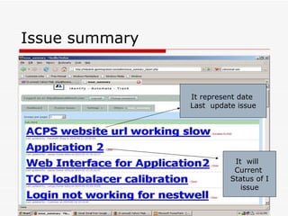 Issue summary It represent date  Last  update issue It  will  Current  Status of I issue 