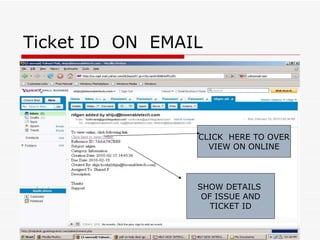 Ticket ID  ON  EMAIL SHOW DETAILS  OF ISSUE AND TICKET ID CLICK  HERE TO OVER VIEW ON ONLINE 