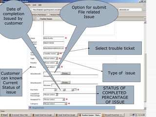 Select trouble ticket Type of  issue Customer  can known Current  Status of issue Date of completion Issued by  customer Option for submit File related Issue STATUS OF  COMPLETED  PERCANTAGE OF ISSUE 