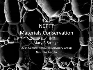 NCPTT
Materials Conservation
Mary F. Striegel
2014 Cultural Resources Advisory Group
Natchitoches, LA
 