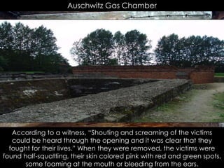 Auschwitz Gas Chamber
“Once the chamber was full, the doors were screwed shut and
pellets of Zyklon-B were dropped into the chambers, releasing toxic
cyanide. Those inside died within 20 minutes, but it is estimated that
about one-third of the victims died immediately.”
According to a witness, “Shouting and screaming of the victims
could be heard through the opening and it was clear that they
fought for their lives.” When they were removed, the victims were
found half-squatting, their skin colored pink with red and green spots,
some foaming at the mouth or bleeding from the ears.
 