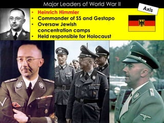 Major Leaders of World War II
• Heinrich Himmler
• Commander of SS and Gestapo
• Oversaw Jewish
concentration camps
• Held responsible for Holocaust
 