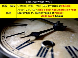 Timeline: World War II
October 1935 – May 1936: Invasion of Ethiopia1935 – 1936
August 23rd, 1939: Nazi-Soviet Non Aggression Pact
September 1st, 1939: Invasion of Poland;
World War II begins
1939
 