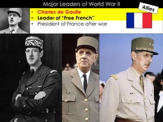 Major Leaders of World War II
• Charles de Gaulle
• Leader of “Free French”
• President of France after war
 