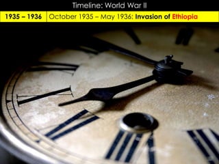 Timeline: World War II
October 1935 – May 1936: Invasion of Ethiopia1935 – 1936
 