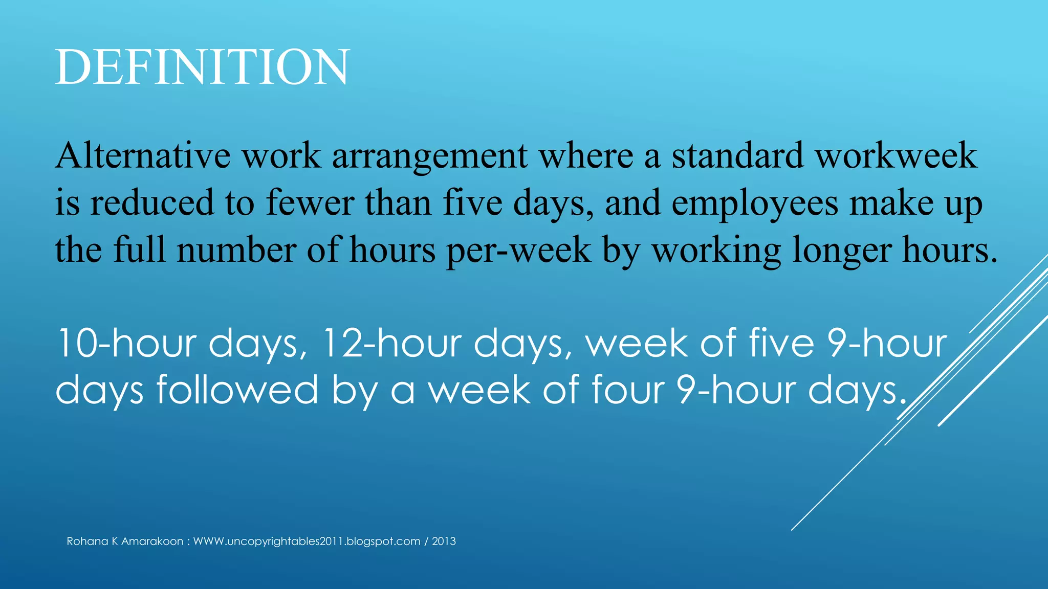 DEFINITION
Alternative work arrangement where a standard workweek
is reduced to fewer than five days, and employees make up
the full number of hours per-week by working longer hours.
10-hour days, 12-hour days, week of five 9-hour
days followed by a week of four 9-hour days.
Rohana K Amarakoon : WWW.uncopyrightables2011.blogspot.com / 2013
 