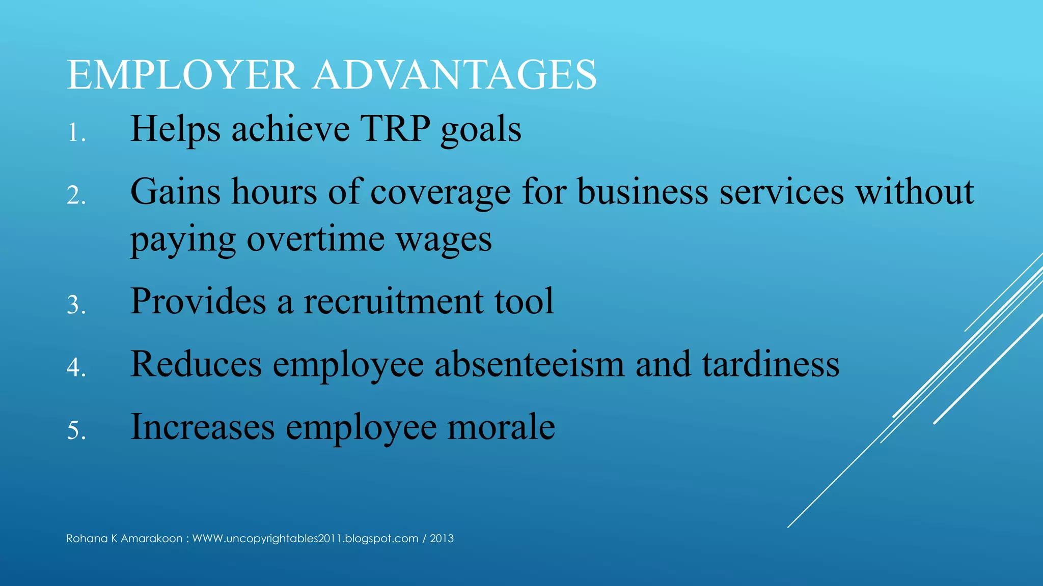 EMPLOYER ADVANTAGES
1. Helps achieve TRP goals
2. Gains hours of coverage for business services without
paying overtime wages
3. Provides a recruitment tool
4. Reduces employee absenteeism and tardiness
5. Increases employee morale
Rohana K Amarakoon : WWW.uncopyrightables2011.blogspot.com / 2013
 