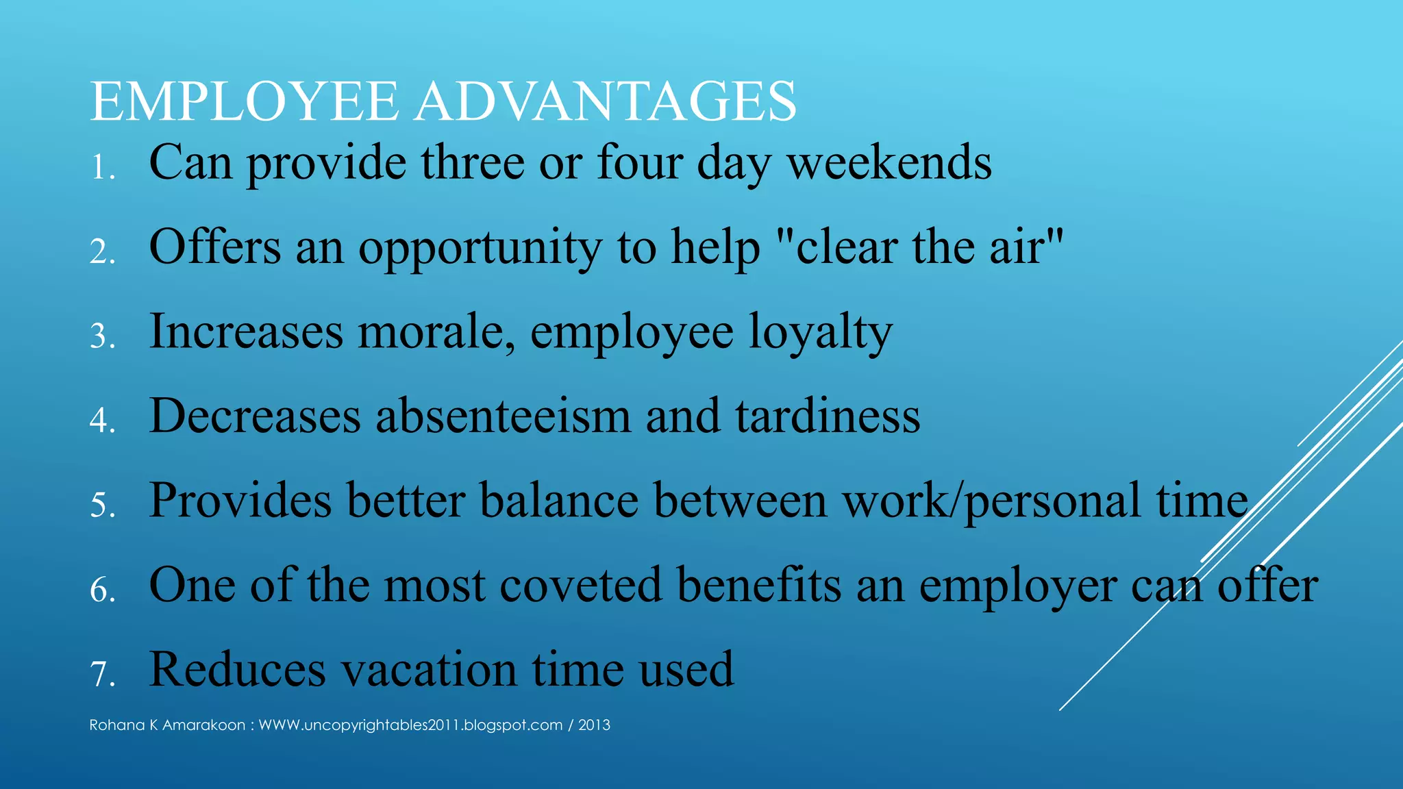 EMPLOYEE ADVANTAGES
1. Can provide three or four day weekends
2. Offers an opportunity to help "clear the air"
3. Increases morale, employee loyalty
4. Decreases absenteeism and tardiness
5. Provides better balance between work/personal time
6. One of the most coveted benefits an employer can offer
7. Reduces vacation time used
Rohana K Amarakoon : WWW.uncopyrightables2011.blogspot.com / 2013
 