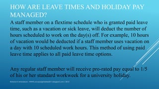 HOW ARE LEAVE TIMES AND HOLIDAY PAY
MANAGED?
A staff member on a flextime schedule who is granted paid leave
time, such as a vacation or sick leave, will deduct the number of
hours scheduled to work on the day(s) off. For example, 10 hours
of vacation would be deducted if a staff member uses vacation on
a day with 10 scheduled work hours. This method of using paid
leave time applies to all paid leave time options.
Any regular staff member will receive pro-rated pay equal to 1/5
of his or her standard workweek for a university holiday.
Rohana K Amarakoon : WWW.uncopyrightables2011.blogspot.com / 2013
 