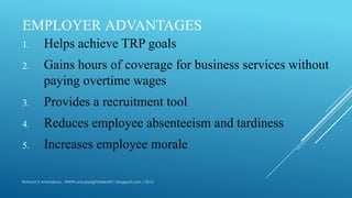 EMPLOYER ADVANTAGES
1. Helps achieve TRP goals
2. Gains hours of coverage for business services without
paying overtime wages
3. Provides a recruitment tool
4. Reduces employee absenteeism and tardiness
5. Increases employee morale
Rohana K Amarakoon : WWW.uncopyrightables2011.blogspot.com / 2013
 