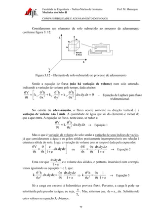 Faculdade de Engenharia – NuGeo/Núcleo de Geotecnia Prof. M. Marangon
Mecânica dos Solos II
COMPRESSIBILIDADE E ADENSAMENTO DOS SOLOS
72
Consideremos um elemento de solo submetido ao processo de adensamento
conforme figura 3. 12:
Figura 3.12 – Elemento de solo submetido ao processo de adensamento
Sendo a equação de fluxo (não há variação de volume) num solo saturado,
indicando a variação de volume pelo tempo, dada abaixo:
0dz.dy.dx.
z
h
.k
y
h
.k
x
h
.k
t
V
2
2
z2
2
y2
2
x =





ϑ
ϑ
+
ϑ
ϑ
+
ϑ
ϑ
=
ϑ
ϑ
– Equação de Laplace para fluxo
tridimensional.
No estudo do adensamento, o fluxo ocorre somente na direção vertical e a
variação de volume não é nula. A quantidade de água que sai do elemento é menor do
que a que entra. A equação de fluxo, neste caso, se reduz a:
dz.dy.dx.
z
h
.k
t
V
2
2
ϑ
ϑ
=
ϑ
ϑ
→ Equação 1
Mas o que é variação de volume do solo senão a variação de seus índices de vazios,
já que consideramos a água e os grãos sólidos praticamente incompressíveis em relação à
estrutura sólida do solo. Logo, a variação de volume com o tempo é dada pela expressão:






+ϑ
ϑ
=
ϑ
ϑ
dz.dy.dx.
e1
e
tt
V
ou
e1
dz.dy.dx
.
t
e
t
V
+ϑ
ϑ
=
ϑ
ϑ
→ Equação 2
Uma vez que
e1
dz.dy.dx
+
é o volume dos sólidos, e portanto, invariável com o tempo,
temos igualando as equações 1 e 2, que:
e1
dz.dy.dx
.
t
e
dz.dy.dx.
z
h
.k 2
2
+ϑ
ϑ
=
ϑ
ϑ
⇒
e1
1
.
t
e
z
h
.k 2
2
+ϑ
ϑ
=
ϑ
ϑ
→ Equação 3
Só a carga em excesso à hidrostática provoca fluxo. Portanto, a carga h pode ser
substituída pela pressão na água, ou seja,
a
u
γ
. Mas, sabemos que, du.ade V= . Substituindo
estes valores na equação 3, obtemos:
 