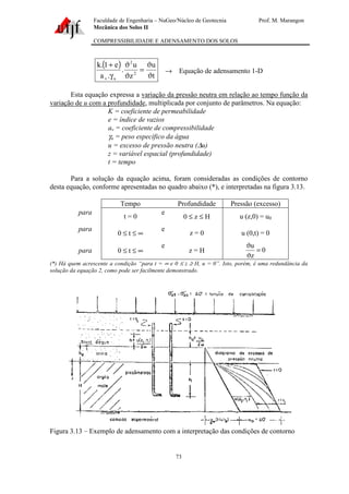 Faculdade de Engenharia – NuGeo/Núcleo de Geotecnia Prof. M. Marangon
Mecânica dos Solos II
COMPRESSIBILIDADE E ADENSAMENTO DOS SOLOS
73
( )
t
u
z
u
.
.a
e1.k
2
2
av ϑ
ϑ
=
ϑ
ϑ
γ
+
→ Equação de adensamento 1-D
Esta equação expressa a variação da pressão neutra em relação ao tempo função da
variação de u com a profundidade, multiplicada por conjunto de parâmetros. Na equação:
K = coeficiente de permeabilidade
e = índice de vazios
av = coeficiente de compressibilidade
γa = peso específico da água
u = excesso de pressão neutra (∆u)
z = variável espacial (profundidade)
t = tempo
Para a solução da equação acima, foram consideradas as condições de contorno
desta equação, conforme apresentadas no quadro abaixo (*), e interpretadas na figura 3.13.
Tempo Profundidade Pressão (excesso)
para
t = 0
e
0 ≤ z ≤ H u (z,0) = u0
para
0 ≤ t ≤ ∞
e
z = 0 u (0,t) = 0
para 0 ≤ t ≤ ∞
e
z = H 0
z
u
=
ϑ
ϑ
(*) Há quem acrescente a condição “para t = ∞ e 0 ≤ z ≥ H, u = 0”. Isto, porém, é uma redundância da
solução da equação 2, como pode ser facilmente demonstrado.
Figura 3.13 – Exemplo de adensamento com a interpretação das condições de contorno
 