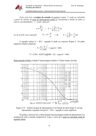Faculdade de Engenharia – NuGeo/Núcleo de Geotecnia Prof. M. Marangon
Mecânica dos Solos II
COMPRESSIBILIDADE E ADENSAMENTO DOS SOLOS
78
Como será visto o recalque da camada em qualquer tempo “t” pode ser calculado
a partir do cálculo do grau de adensamento médio U considerada a média de todos os
valores a profundidades “z”, sendo dado por:
H
U
U
z∫≡ ∴ ∫ −
−
=
H
O f
dz
ee
ee
H
U
0
01
ou, de acordo com a equação
1
1
u
u
Uz −= ∫ −=
H
O
dz
u
u
H
U )1(
1
0
A equação teórica U = f(T) – equação 4, pode ser expressa (Figura 3. 15) pelas
seguintes relações empíricas:
2
100
U
.
4
T 




π
= → para U < 60%
( )U100log.933,0781,1T −−= → para U > 60%
Representação Gráfica: relação U (percentagem média) x T (fator tempo, em log)
Figura 3.15 – Valores de grau de adensamento U em função do fator tempo T, em log
Apresentada a equação real para U = f(T) – equação 4, nesta seqüência.
Na prática, interessa-nos a determinação da porcentagem média de adensamento (ou
recalque) de toda a camada compressível. Logo, o valor de U pode ser calculado ainda da
seguinte forma:
 