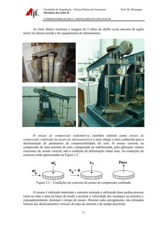 Faculdade de Engenharia – NuGeo/Núcleo de Geotecnia Prof. M. Marangon
Mecânica dos Solos II
COMPRESSIBILIDADE E ADENSAMENTO DOS SOLOS
57
As fotos abaixo mostram a imagem de 5 tubos de shelby (com amostra de argila
mole) na câmara úmida e do equipamento de adensamento.
O ensaio de compressão oedométrica (também referido como ensaio de
compressão confinada ou ensaio de adensamento) é o mais antigo e mais conhecido para a
determinação de parâmetros de compressibilidade do solo. O ensaio consiste na
compressão de uma amostra de solo, compactada ou indeformada, pela aplicação valores
crescentes de tensão vertical, sob a condição de deformação radial nula. As condições de
contorno estão apresentadas na Figura 3.2.
Figura 3.2 – Condições de contorno do ensaio de compressão confinada
O ensaio é realizado mantendo a amostra saturada e utilizando duas pedras porosas
(uma no topo e uma na base) de modo a acelerar a velocidade dos recalques na amostra e,
conseqüentemente, diminuir o tempo de ensaio. Durante cada carregamento, são efetuadas
leituras dos deslocamentos verticais do topo da amostra e do tempo decorrido.
 
