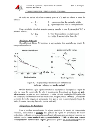 Faculdade de Engenharia – NuGeo/Núcleo de Geotecnia Prof. M. Marangon
Mecânica dos Solos II
COMPRESSIBILIDADE E ADENSAMENTO DOS SOLOS
59
O índice de vazios inicial do corpo de prova (“e0”) pode ser obtido a partir da
relação:
e0 = δ - 1 δ = peso específico das partículas sólidas
γs o γs o = peso específico seco na condição inicial
Para a condição inicial da amostra, pode-se calcular o grau de saturação (“So”) a
partir da relação:
S0 = δ hi hi = teor de umidade na condição inicial
e0 e0 = índice de vazios inicial da argila
Resultados do Ensaio
Os gráficos da Figura 3.3 mostram a representação dos resultados do ensaio de
compressão confinada.
Figura 3.3 – Representação dos resultados em termos de
índice de vazios versus tensão vertical
O valor da tensão a qual separa os trechos de recompressão e compressão virgem do
solo na curva de compressão do solo é normalmente denominado de tensão de pré-
adensamento, e representa, conceitualmente, o maior valor de tensão já sofrido pelo solo
em campo (no resultado mostrado na curva acima, se aproxima de 100 kPa). Corresponde
ao início do trecho virgem de compressão (em que se tem o comportamento linear do
índice de vazios com o log da tensão vertical aplicada).
Interpretação dos Resultados
Para o melhor entendimento de alguns conceitos do ensaio de compressão
confinada, analisaremos o exemplo dos gráficos da Figura 3.4 (resultados de ensaio
oedométrico realizado em uma argila normalmente adensada, com um descarregamento no
meio do ensaio – com tensão de carregamento inicial - 175 kPa - acima dos valores
correspondentes ao trecho não virgem), plotados no gráfico em escala semi-log (nota-se
 