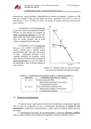 Faculdade de Engenharia – NuGeo/Núcleo de Geotecnia Prof. M. Marangon
Mecânica dos Solos II
COMPRESSIBILIDADE E ADENSAMENTO DOS SOLOS
61
indicadas por valores absolutos, independentes do sistema de unidades; 3 poderia ser 300
kPa, por exemplo). Veja que esta argila apresenta, atualmente (executado o ensaio de
laboratório), a curva de índice de vazios em função da tensão confinante indicada pela
linha contínua.
Figura 3.5 – Relação índice de vazios em função
da pressão de adensamento para uma argila.
Tabela 3.1 – Comparação entre pressões atual σ’v e máxima passada σ’vm
PRESSÃO COMPORTAMENTO DA ARGILA
σ’v < σ’vm Solo pré adensado (PA)
Deformações pequenas e reversíveis
Comportamento elástico
σ’v ≥ σ’vm Solo normalmente adensado (NA)
Deformações grandes e irreversíveis
Comportamento plástico
3.5 – Tensão de pré-adensamento
O valor da tensão a qual separa os trechos de recompressão e compressão virgem do
solo na curva de compressão do solo é normalmente denominado de tensão de pré-
adensamento, e representa, conceitualmente, o maior valor de tensão já sofrido pelo solo
em campo.
A determinação da tensão de pré-adensamento é feita por processos gráficos,
dentro os quais podemos citar, método de Casagrande e método de Pacheco e Silva.
Considerando o nível de tensões de
4 a 8, estas tensões correspondem a valores
atuantes no solo argiloso na condição de
argila normalmente adensada (ou seja, esta
argila ainda não tinha experimentado este
nível de tensão, portanto não se pode
atribuir a condição de pré-adensada).
Considerando o nível de tensões de
0,5 a 2, estas tensões correspondem a
valores menores que a máxima tensão
experimentada pelo solo (em sua história
de vida – geralmente atribuída a uma
condição geológica do passado). Assim
estes valores se referem a uma condição de
argila pré-adensada (ou seja, esta argila já
foi submetida a valor de tensão superior a
estes valores).
 