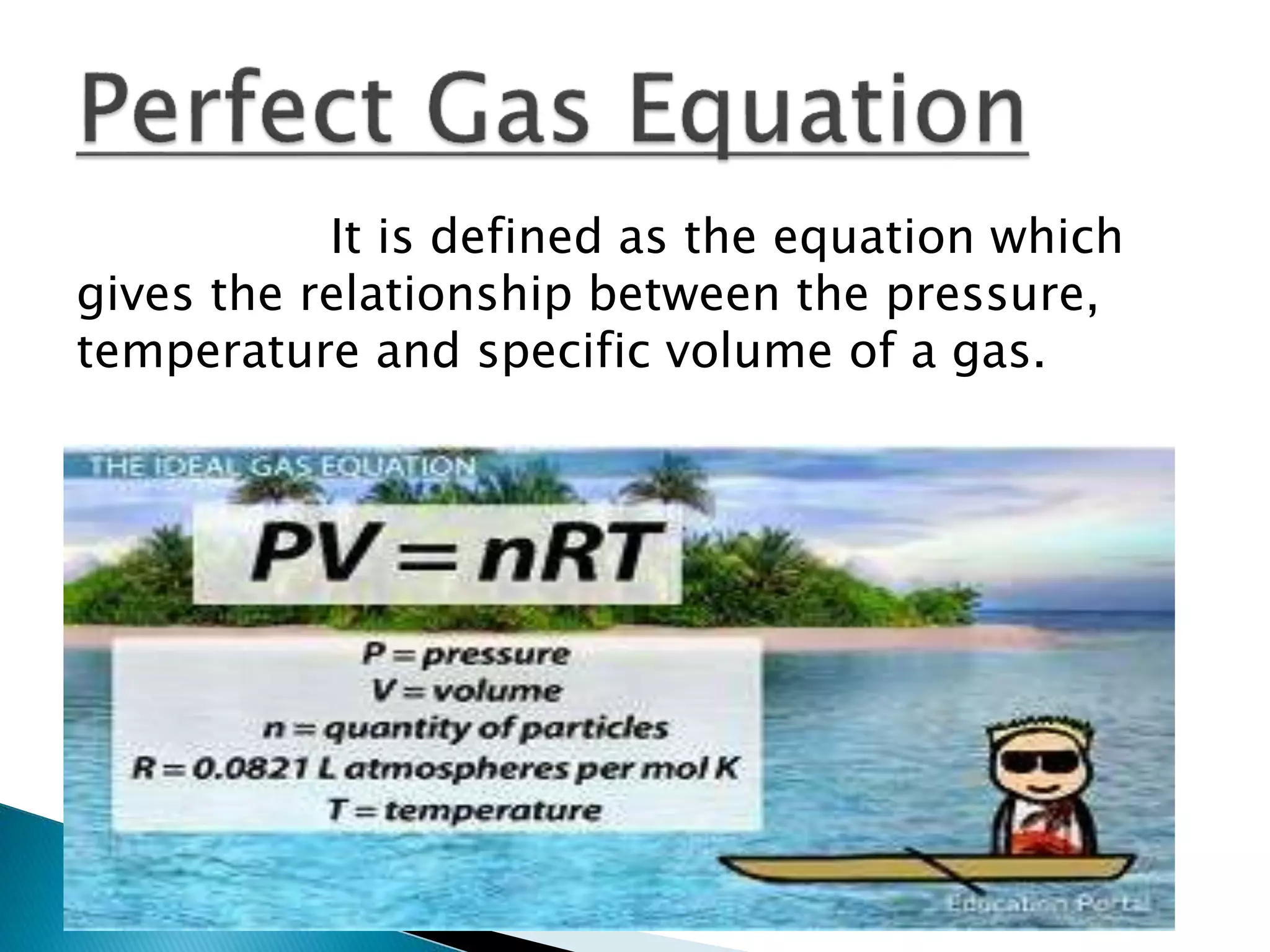 It is defined as the equation which
gives the relationship between the pressure,
temperature and specific volume of a gas.