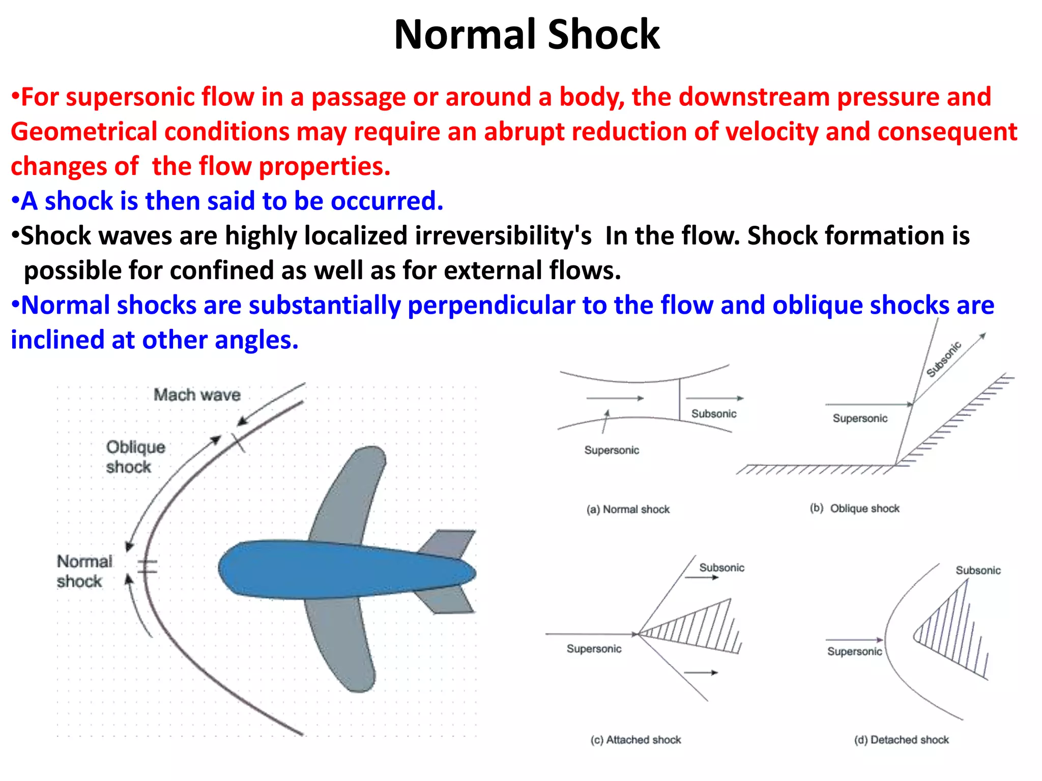 Normal Shock
•For supersonic flow in a passage or around a body, the downstream pressure and
Geometrical conditions may require an abrupt reduction of velocity and consequent
changes of the flow properties.
•A shock is then said to be occurred.
•Shock waves are highly localized irreversibility's In the flow. Shock formation is
possible for confined as well as for external flows.
•Normal shocks are substantially perpendicular to the flow and oblique shocks are
inclined at other angles.
 