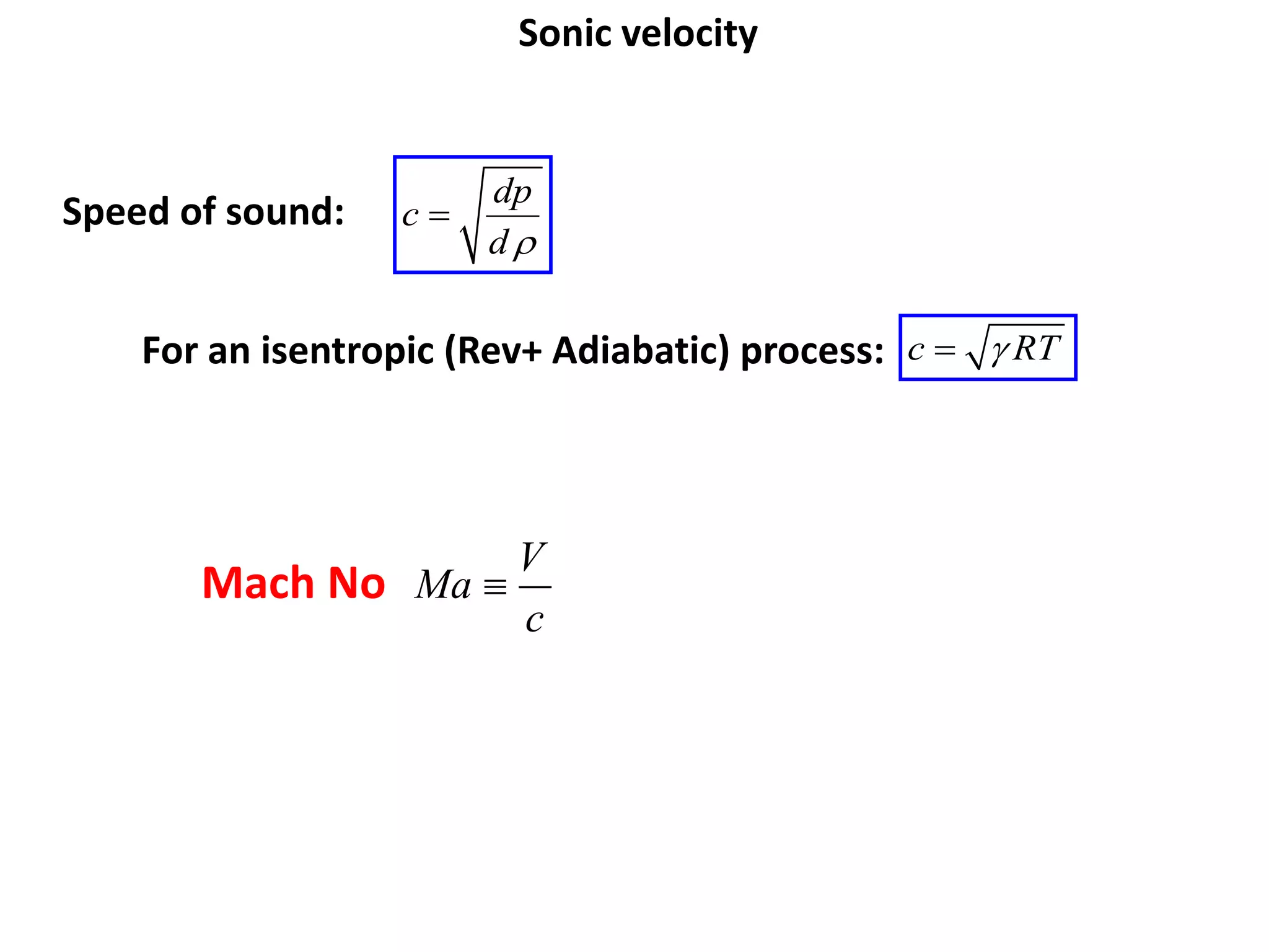 Sonic velocity
dp
c
d

For an isentropic (Rev+ Adiabatic) process: c RT


Speed of sound:
Mach No
V
Ma
c

 
