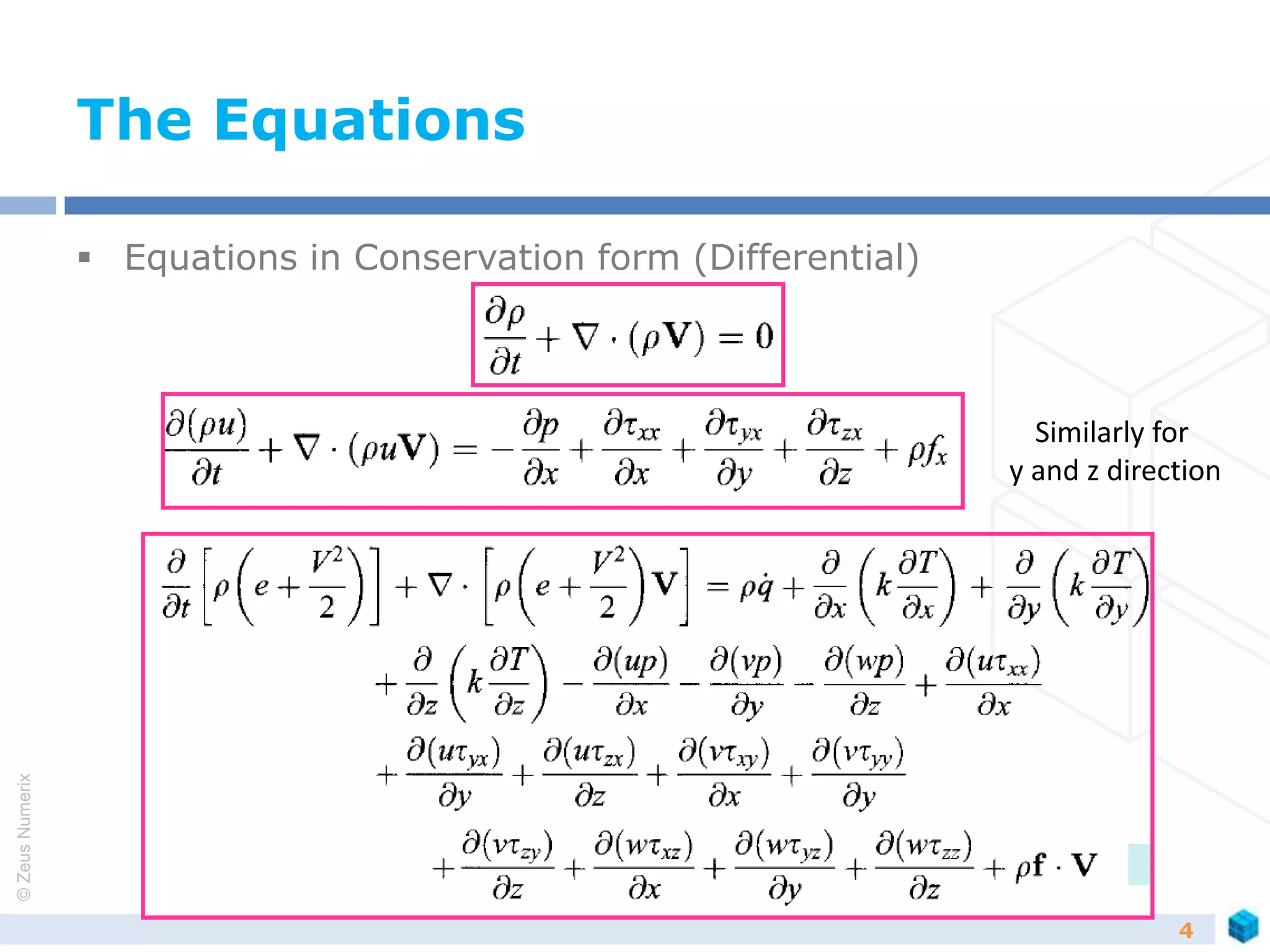 ©ZeusNumerix
The Equations
 Equations in Conservation form (Differential)
4
Similarly for
y and z direction
 